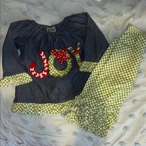 Ruffle Butts Blue Top with Red and Green Accents